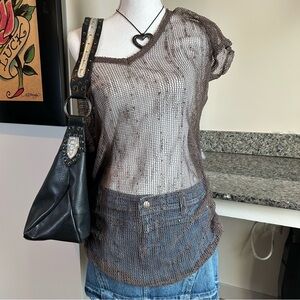 Y2K Coachella Mermaid Dune Mesh Fish Net Sequin Brown Medium Top